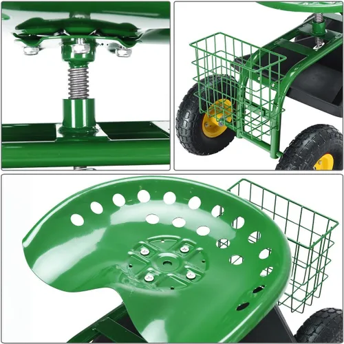 Vista 7 de Giantex Asiento de trabajo de jardín rodante, asiento de trabajo de jardinería giratorio 360 con ruedas, cesta de herramientas, altura ajustable