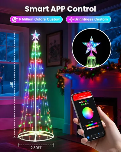 Vista 8 de Paquete de 2 Luces Inteligentes de Árbol de Navidad en Forma de Cono - Árbol Artificial de 5 Pies con 130 LED y 6 Pies con 154 LED con Estrella