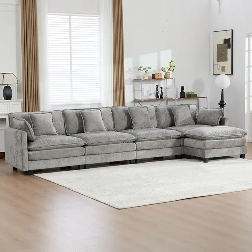 Vista 143 de Sofá seccional modular verde de 111.5", sofás seccionales grandes de 3 plazas para sala de estar, sofá nube oversized de tela chenille con otomana