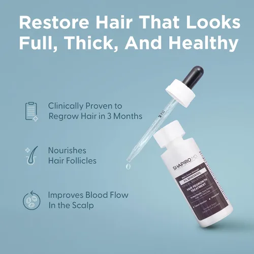 Vista 3 de Shapiro MD Hair Growth Experts Minoxidil Solución tópica al 5% para el crecimiento del cabello de los hombres, el suero promueve el crecimiento