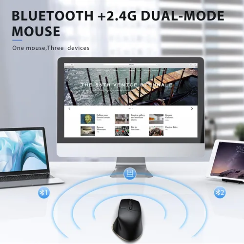 Vista 2 de iClever Ratón inalámbrico con Bluetooth o receptor USB, 5 niveles de DPI ajustables hasta 2400DPI, ratón recargable para computadora, ratón