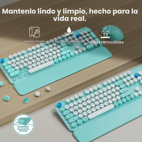 Vista 4 de Combo de teclado y mouse inalámbricos con reposamuñecas magnético, teclas redondas, teclado retro de tamaño completo, patas inclinables de dos Azul