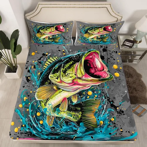Vista 45 de Erosebridal Fishing Fitted Sheet Twin for Boys, Big Pike Fish Black Bed Sheets for Rustic Farmhouse Lake House Decor, Fishing Bedding Set Marine