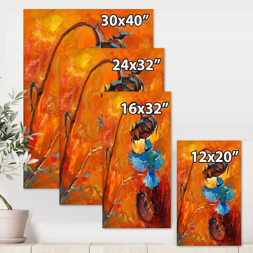 Vista 4 de DesignQ Lienzo decorativo tradicional de colibrí azul sobre naranja, 24.0 x 31.9 in