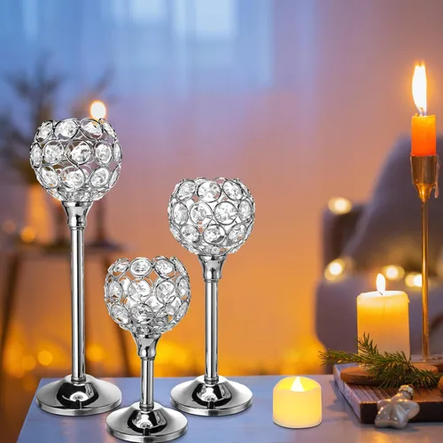 Vista 6 de Hushee 42 portavelas de cristal con velas LED de té, velas decorativas a granel de 3 tamaños para centros de mesa, decoración del hogar de Navidad