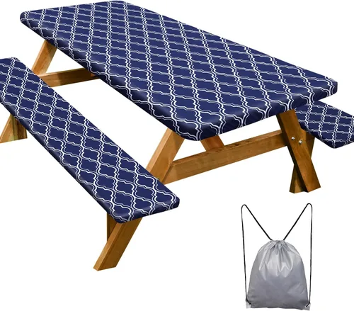 Vista 13 de Mantel de mesa de picnic con fundas de banco de 6 pies, 3 piezas, impermeable, resistente al viento, mantel de camping estético con bolsa