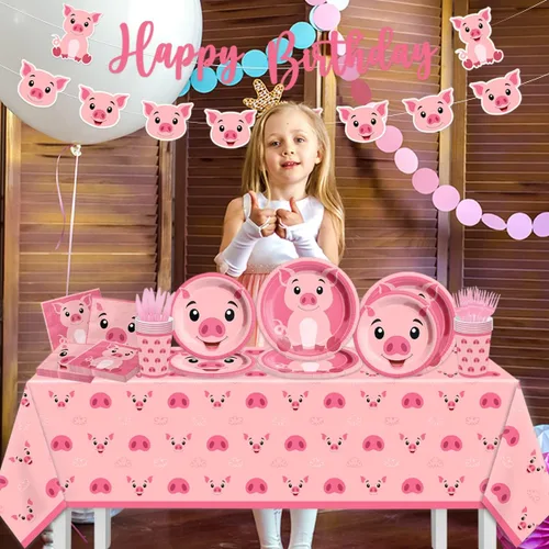 Vista 5 de Decoraciones de cumpleaños de cerdo, juego de vajilla de cerdo de granja de 143 piezas, platos temáticos de cerdo rosa y servilletas, suministros