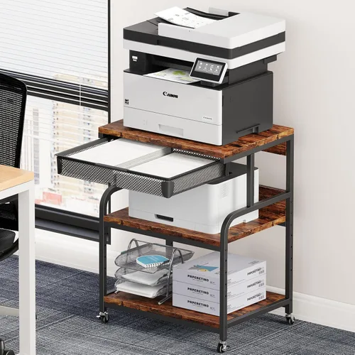 Vista 19 de EasyCom Soporte de impresora grande con cajón de almacenamiento, 5 estantes ajustables y carrito rodante de 3 niveles con ruedas industriales