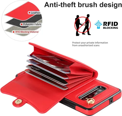 Vista 4 de Asuwish Funda de teléfono para Samsung Galaxy S10 Plus con bloqueo RFID, tarjetero y correa cruzada de muñeca, correa cruzada de cuero, accesorios