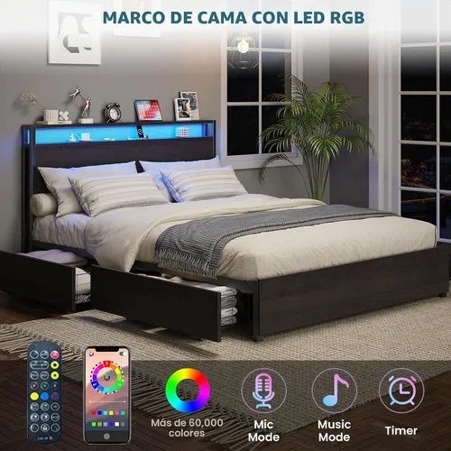 Vista 4 de Kiivakii Base de cama de tamaño matrimonial con cabecero, plataforma LED con 4 cajones de almacenamiento, estación de carga integrada, sin ruido