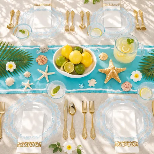 Vista 4 de PULOTE Juego de 175 piezas de platos de plástico transparentes y azules - Juego de vajilla desechable con borde azul - Incluye 25 platos de cena, 25