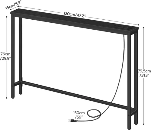 Vista 3 de HOOBRO - Mesa de consola delgada de 47.2", con tomas de corriente, mesa detrás del sofá de 5.9" con estación de carga, mesa de sofá estrecha, mesa