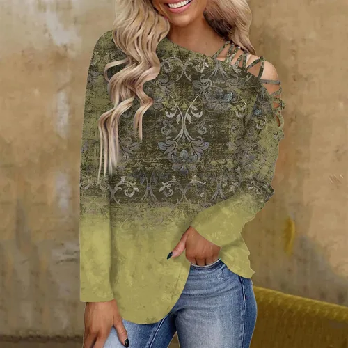 Vista 4 de Trajes de otoño para mujer, con estampado de hombros descubiertos, cuello plano, manga larga, ajuste holgado, camisas largas