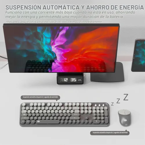 Vista 4 de Combo de teclado y mouse inalámbricos, 104 teclas redondas, lindo teclado y mouse inalámbricos coloridos con máquina de escribir retro, color negro