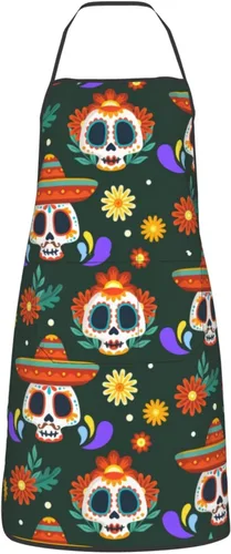 Vista 15 de Delantal de calavera de azúcar, delantales de cocina para hombres y mujeres, delantal de cocina, delantal de chef, delantales de jardín ajustables