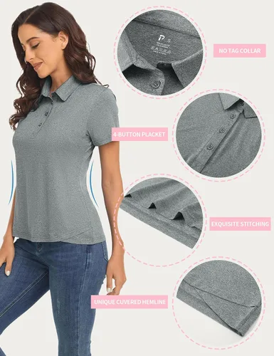 Vista 3 de Polu Polo de golf para mujer, absorbe la humedad, manga corta, casual, cuello 4 botones