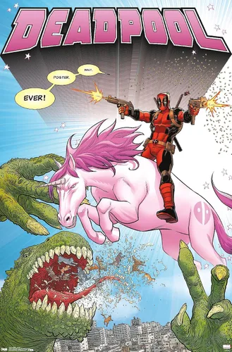 Vista 12 de Marvel Comics Deadpool - Póster de pared de unicornio, 22.4 pulgadas de largo x 14.7 pulgadas de ancho, versión enmarcada de madera de granero
