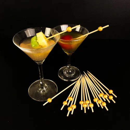 Vista 8 de Palos de cóctel dorados – 200 piezas de pinchos de cóctel de 4.7 pulgadas de largo para aperitivos – Brochetas de bambú para tablas de charcutería