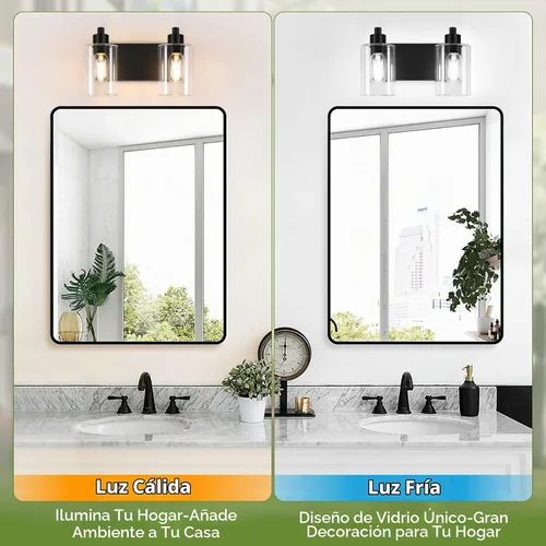 Vista 4 de Dpyrrhic Luces de Baño Negras Mate de 2 Luces Sobre Espejo con Pantalla de Vidrio Transparente, Luminarias Modernas de Baño para Cocina, Sala