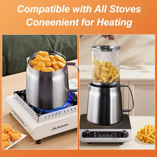 Vista 5 de Freidora de acero inoxidable 304 de 68 onzas con cesta y colador de aceite, 2L Enjoy Crispy Deep Frying, Small Stovetop fry for Kitchen & Camping