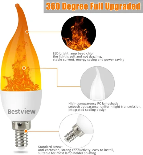 Vista 3 de Bestview - Bombillas LED con efecto de llama, 3 modos de luz parpadeante, bombilla de vela inteligente con base de candelabro E12 para Halloween