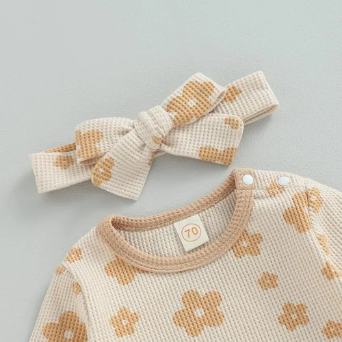 Vista 10 de Ropa de bebé recién nacida, sudadera floral de manga larga, mameluco con volantes, diadema de gofre, traje de otoño de una pieza