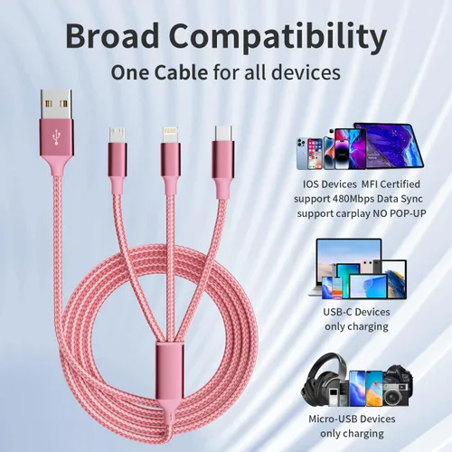 Vista 6 de Cable de carga múltiple, (paquete de 2 cables de 4 pies), cable de carga 3 en 1 para múltiples dispositivos, cable de carga universal de nailon Rosa