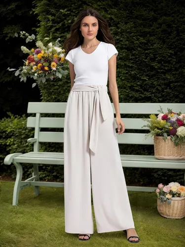 Vista 3 de QIANXIZHAN Pantalones de pierna ancha para mujer, pantalones palazzo de cintura alta, para verano, holgados, casuales, para descansar, trabajar