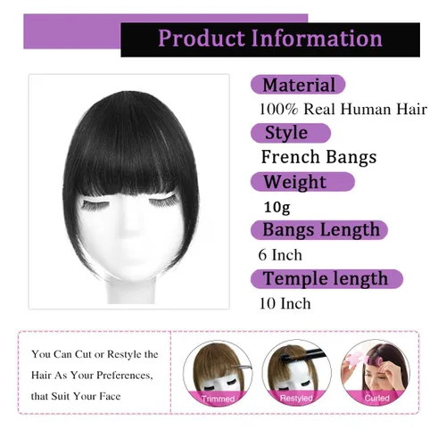 Vista 3 de Flequillo con clip de cabello humano real, flequillo rubio francés, extensiones de cabello para mujer, flequillo plano y ordenado, extensión