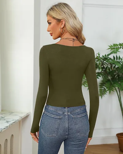 Vista 3 de 3 piezas de camisetas cortas básicas de manga larga para mujer, ajustadas, cuello redondo, color liso, casual, para mujer