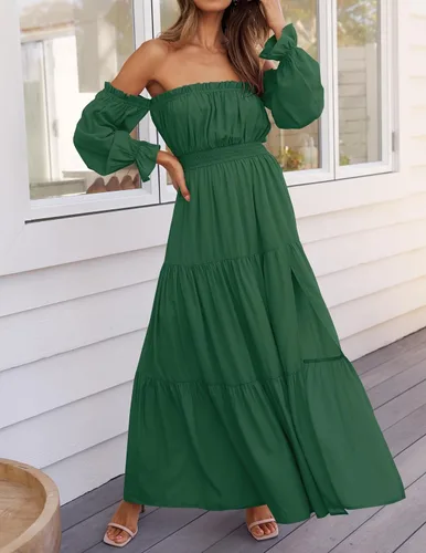 Vista 66 de ZESICA - Vestido largo, bohemio y sexy, con hombros descubiertos y manga larga fruncida, con elástico fruncido, cintura alta y abertura lateral