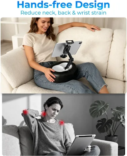 Vista 4 de Soporte de almohada para tableta con forro de almacenamiento, cuero sintético, soporte estable para dispositivos de 6.1 a 15.6 pulgadas, impermeable