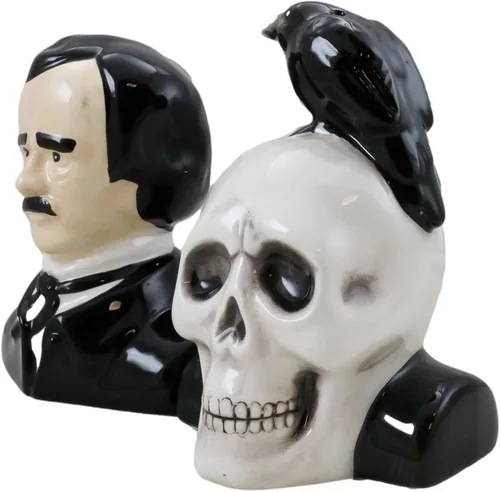 Vista 7 de Ebros Gift Poeta gótico Edgar Allen Poe con cuervo negro en el cráneo decorativo de cerámica salero y pimentero Figuritas Quoth The Raven Nevermore