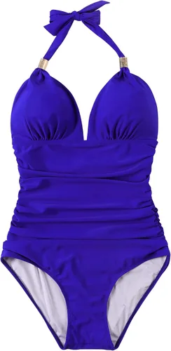 Vista 23 de RXRXCOCO - Traje de baño fruncido de una pieza, con cuello en V, para mujer, con control de abdomen y cuello halter