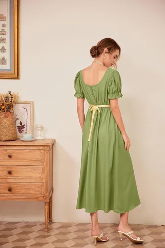 Vista 5 de Vestidos de regencia para mujer con cintura imperio, volantes, manga abombada, vestido largo
