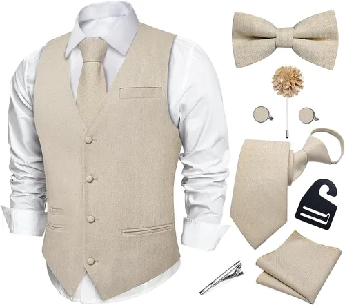 Vista 15 de DiBanGu Conjunto de corbata con cremallera y chaleco de lino para hombre Negro