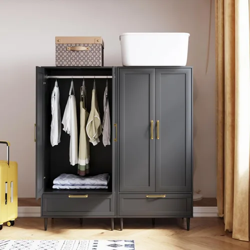 Vista 7 de Armario Morden para dormitorio, armario con barra para colgar, 60 pulgadas, 2 puertas, para ropa con cajones, armario de almacenamiento Morden, Negro