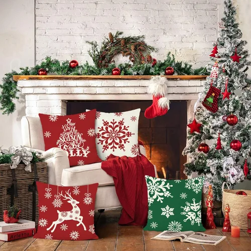 Vista 2 de Fundas de almohada de Navidad, copos de nieve, renos, árbol de Navidad, fundas de almohada decorativas de poliéster para sofá, cama, hogar, patio