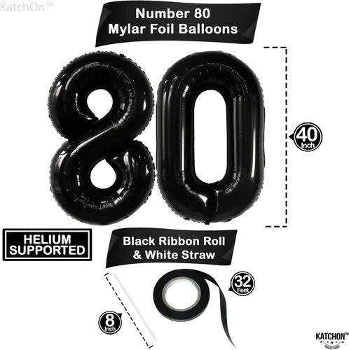 Vista 4 de KatchOn, Globos gigantes negros del número 80, 40 pulgadas, decoraciones de feliz cumpleaños 80 para mujer, globos de cumpleaños de 80 años