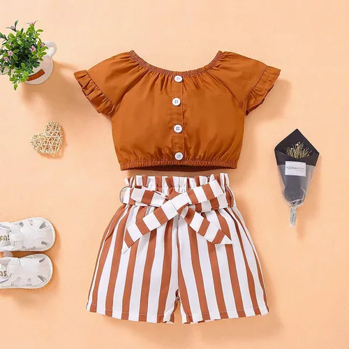 Vista 2 de Conjunto de faldas de piña para niños pequeños y niñas con hombros descubiertos de frutas + tutú con volantes faldas, vestido de verano