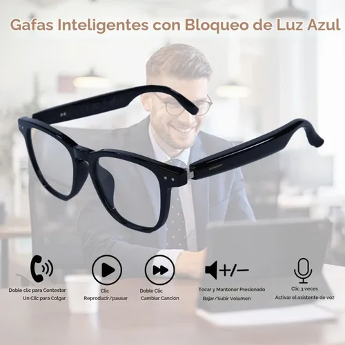 Vista 4 de Lentes inteligentes AI, lentes de traducción Bluetooth anti luz azul con 164 llamadas manos libres y audio, lentes de sol inteligentes