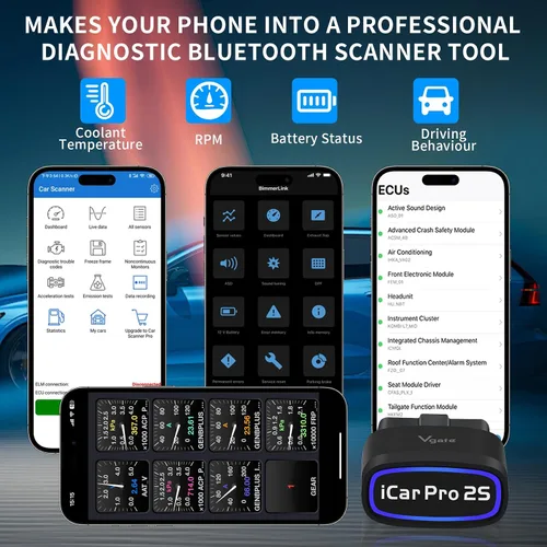 Vista 3 de iCar Pro 2S OBD2 Adaptador Bluetooth Comprobación motor lector de código de vehículo Herramientas de diagnóstico para iOS y Android y Windows Hecho