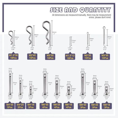 Vista 2 de Swpeet Pin de horquilla de acero inoxidable 304 M4 M6 M8 con M1.5 M2 M3 chapado en zinc de acero chapado en zinc y clips de fijación Set de pasador