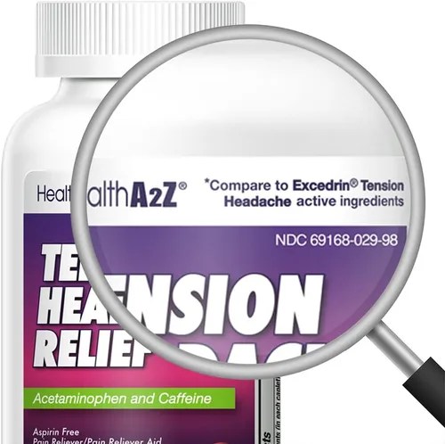 Vista 2 de HealthA2Z Alivio del dolor de cabeza por tensión Acetaminofeno 500mg Cafeína 65mg Ayuda para aliviar el dolor Sin aspirina