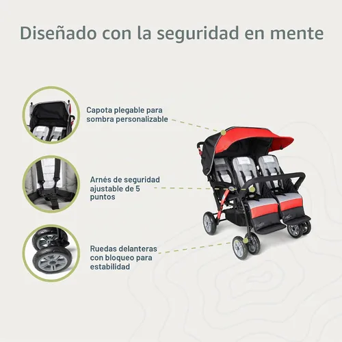 Vista 3 de Gaggle Compass Quad Cochecito plegable de 4 asientos, color negro Cochecito cuádruple con dosel, gran cesta de almacenamiento, arneses de 5 puntos
