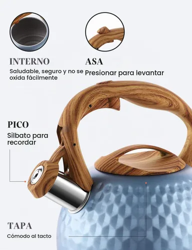 Vista 4 de BELANKO - Tetera de acero inoxidable de 2.7 cuartos de galón para estufa, de grado alimenticio con mango de patrón de madera, con silbido fuerte