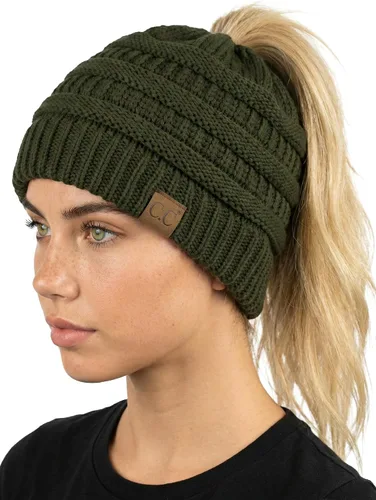 Vista 42 de Funky Junque Gorro de Cola de Caballo para Mujeres - Gorro de Invierno Ponyback Suave Elástico de Punto Trenzado Cola Alta Gorros para Correr