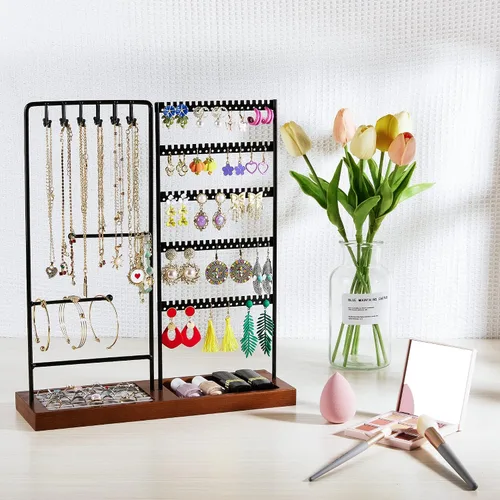 Vista 5 de Vtopmart Soporte organizador de joyas para aretes, collares, anillos, pulseras, exhibición y almacenamiento, con 90 agujeros, 12 ganchos, negro +