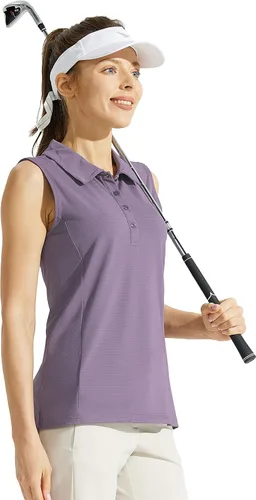 Vista 3 de Looleafy Camiseta de golf sin mangas para mujer, de secado rápido, camiseta polo de golf para mujer con cuello