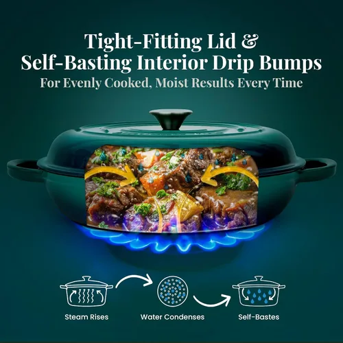 Vista 7 de Larder & Vine Brasera de Hierro Fundido Esmaltado Brasera de 3.6 qt con Tapa Horno Holandés Poco Profundo Compatible con Todas las Cocinas